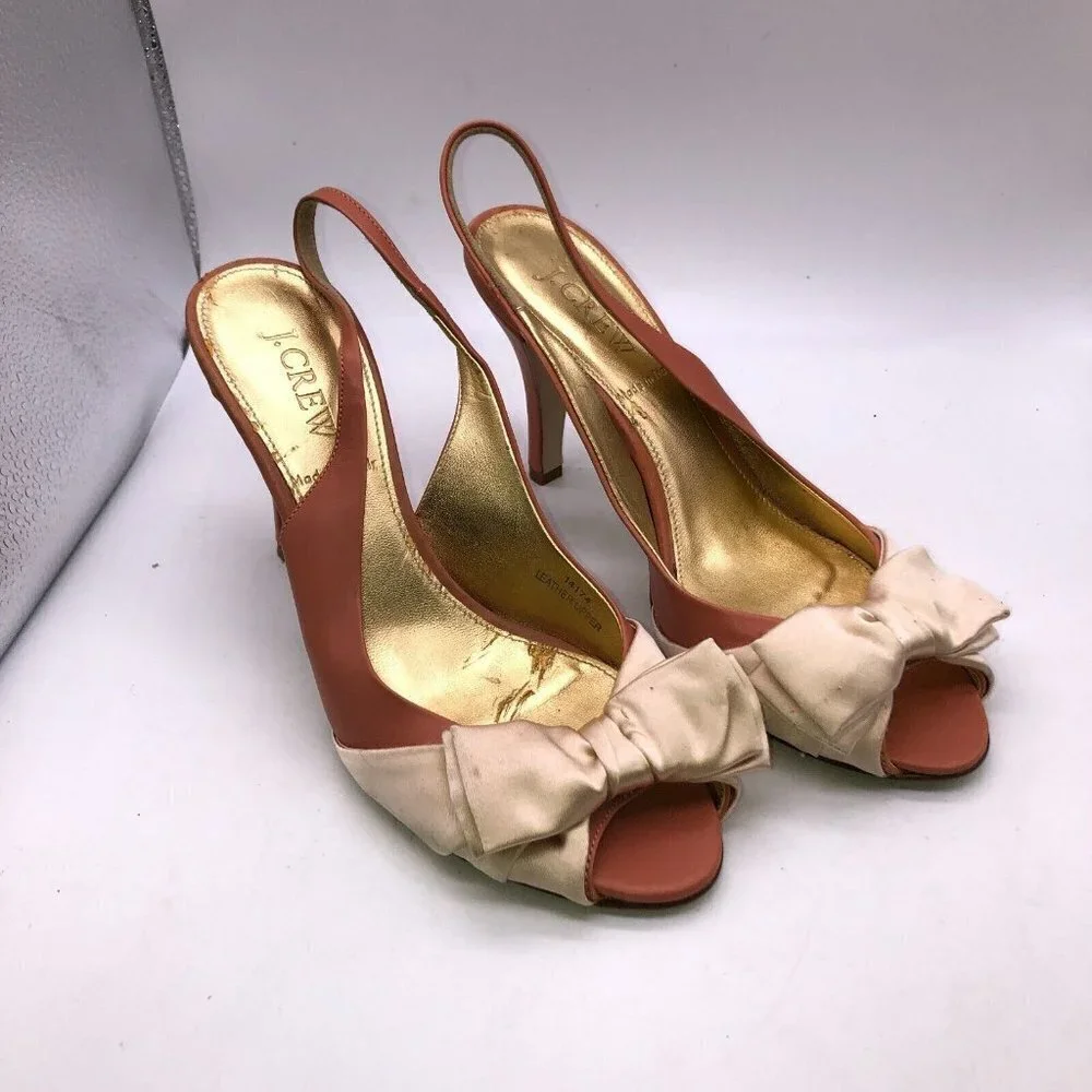 J Crew Womens Size 7 Pink Leather Bow Slip On Peep Toe Slingback Heels Shoes